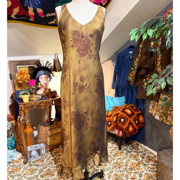 Vintage Y2K Gold Brown Floral Midi Dress Sheer Trim V Neck Whimsygoth Size 10 - Picture 12 of 12